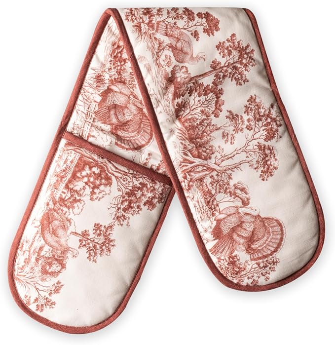 Maison d' Hermine Double Oven Mitts 100% Cotton Double Oven Glove (7"x35") | Heat Resistant BBQ Cooking Gloves with Loop Baking Kitchen Home Hotel Farmhouse Thanksgiving Christmas - Holy Jouy - Brown