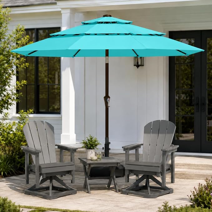 10ft Patio Umbrella, 3-Tier Vented Outdoor Table Umbrella with 8 Sturdy Fiberglass Ribs, Windproof Market Umbrella with Push Button Tilt and Crank, UV Protection for Deck, Pool, Aqua Blue