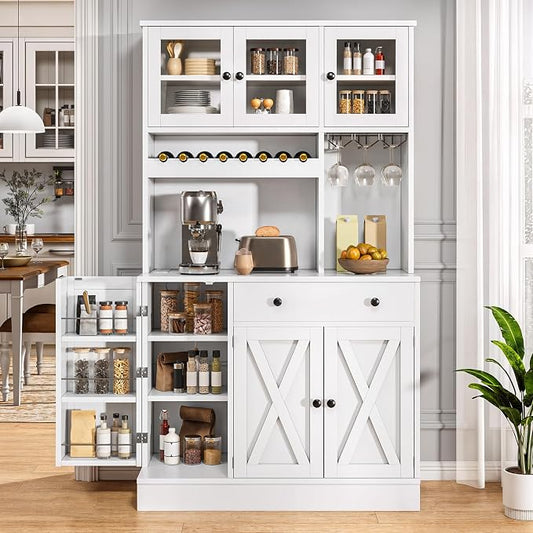 DWVO 71''H Kitchen Pantry Storage Cabinet with Power Outlet, White | Tall Cabinet with Doors, Shelves & Drawer, Buffet Cabinet with Goblet Holder and Wine Rack for Kitchen, Living Room