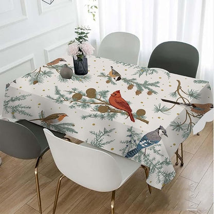 TKS MITLAN Winter Birds Tablecloth Decor Pine Tree Tit Robin Jay Bullfinch Bluebird Cardinal Pine Cones Berry Table Cloth Dining Room Kitchen Table Cover 60" X 84" Oblong/Rectangle