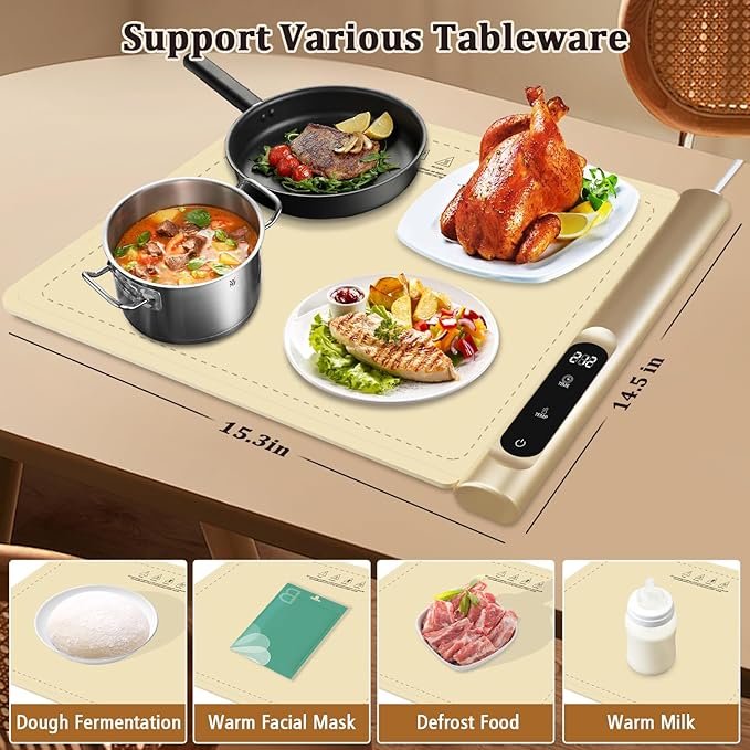 Newise Upgrade Graphene Warming Mat for Food, Electric Warming Tray Rapid Heating with 6 Temps &Timer Settings, Portable Food Warming Mat for Countertop Buffets Party, Beige