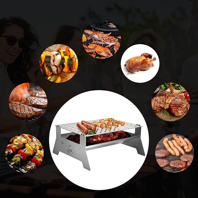 Onlyfire Portable Charcoal Grill, Heavy Duty Stainless Steel | Foldable Barbecue Grill, Carry Bag and BBQ Tong, For Patio Backyard, Outdoor Camping, Picnic and Hikin