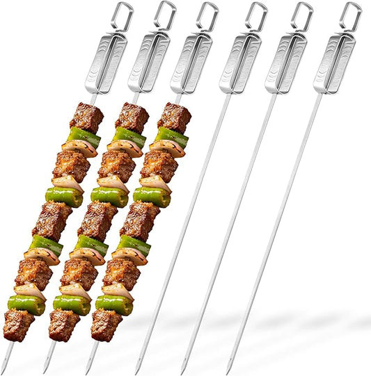 BBQ Skewers for Grilling - 16" Flat Stainless Steel Shish Kabob Skewers with Push Bar Slider - Reusable Metal Kebab Sticks for Meat, Chicken, Shrimp & Vegetables, Set of 6