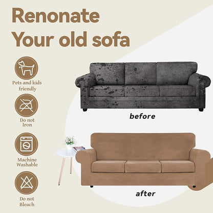 WEERRW 4 Pieces Couch Cover for Sofa Velvet Sofa Covers Washable, Camel | Sofa Covers for 3 Cushion Couch Furniture Protector Sofa Slipcovers with Non Slip Elastic Bottom, Pet Friendly, Large