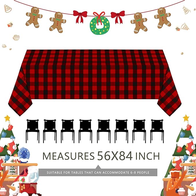 B-COOL Christmas Tablecloths Plaid Tablecloth Farmhouse Buffalo Checkered Table Cover for Christmas Thanksgiving Day Halloween Party Decorations (Black and Red Checkered, 56x84 inch)