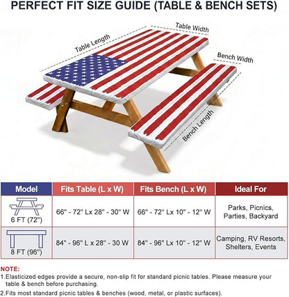 Picnic Table Cover with Bench Covers Windproof Waterproof Picnic Table Covers Camping Tablecloth with Self-Storage Bag, 72in, Bright White Wood