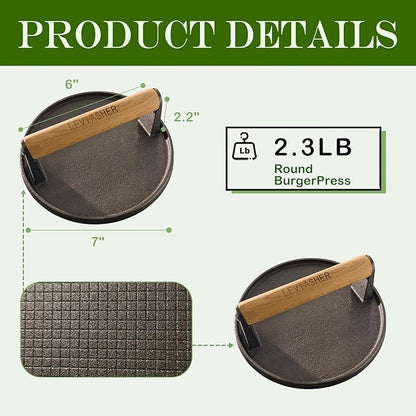 2 Pack 2.3lb Steak Weight & Burger Press, Grid Base, 7" Heavy Duty Cast Iron Grill Press with Wood Handle for Blackstone, Chef, Camp, Panini, Vegetable, Bacon, Sandwich, BBQ