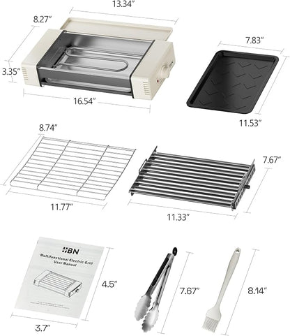HBN Indoor Grill and Electric Griddle, 3-in-1 Smokeless Indoor Grill with Grill Rack & Nonstick Griddle & Sausage Grill Korean BBQ grill for Kitchen, Dishwasher Safe, 400F (Beige)