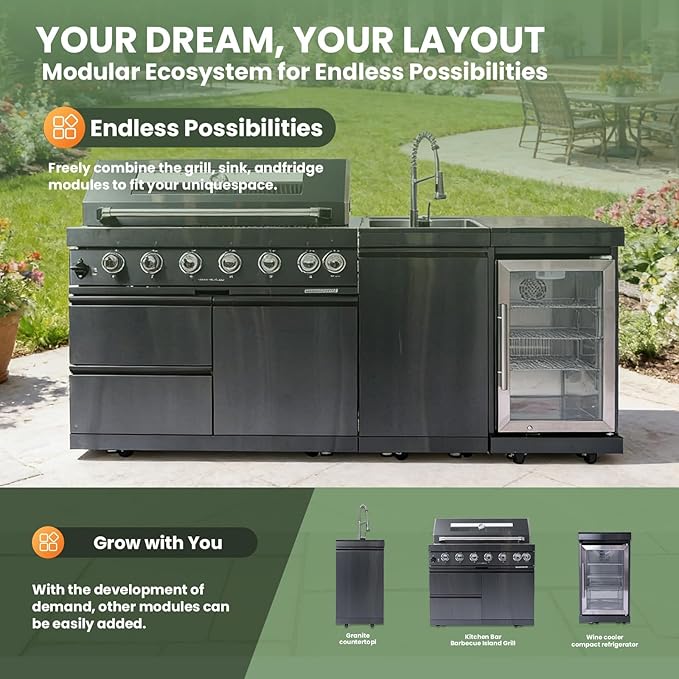 82" Outdoor Kitchen Natural Gas Grill, 6-Burner 85,000 BTU BBQ Grill with Sink,Infrared Rotisserie,Granite Countertop, Refrigerator,Grill Cart.(Black)