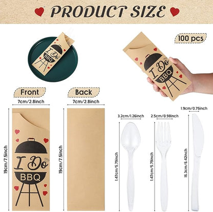 WILLBOND 400 Pcs I Do BBQ Decorations Kraft Paper Silverware Bags with Plastic Forks Knives Spoons Disposable Cutlery Utensil Holder for Wedding Party BBQ Restaurant Kitchen