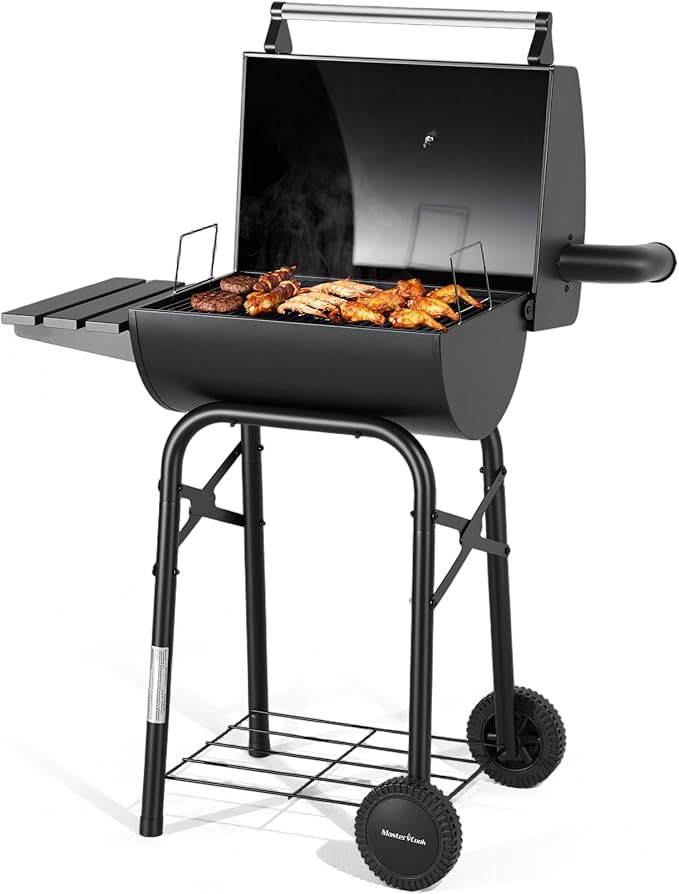 MASTER COOK Barrel Style Charcoal Grill with Side Table, Adjustable Charcoal Tray, Air Vent and Warming Rack, Smoke bbq Grill for Outdoor Patio Backyard and Camping