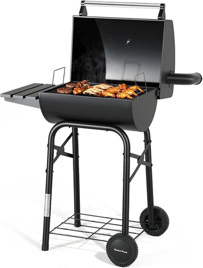 MASTER COOK Barrel Style Charcoal Grill with Side Table, Adjustable Charcoal Tray, Air Vent and Warming Rack, Smoke bbq Grill for Outdoor Patio Backyard and Camping