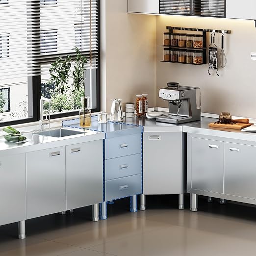 ZZV Stainless Steel Kitchen Cabinet Outdoor Kitchen Drawers with Handles Triple Access BBQ Drawers for Outdoor Garage Warehouse Restaurant, No Assembly Required, 21.66 x 19.68 x 35.43 in
