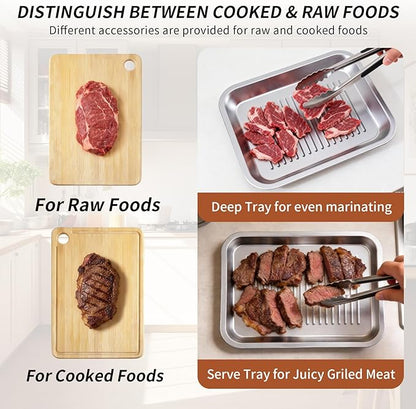 ENLOY 9-in-1 Grilling Prep and Serve Trays Set, Stainless Steel Large Capacity Food Prep Tray, Marinade Container with Lid and Cutting Board & 2 Food Tongs, Cleaning Cloth & 2 Gloves for Pickling Food
