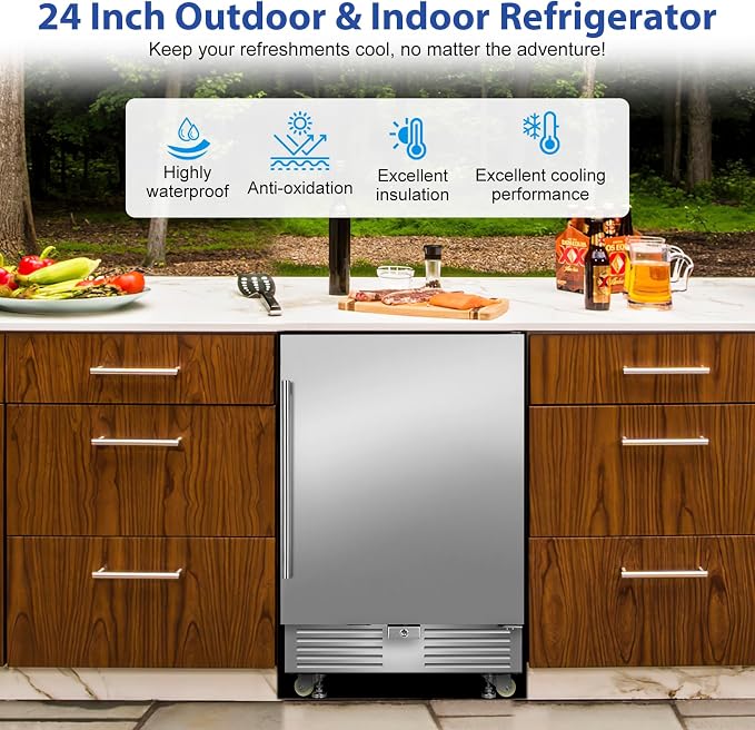 FoMup 24" Undercounter Outdoor Beverage Fridge, Stainless Steel with Wheels | Waterproof exterior, 180 cans capacity, for outdoor kitchen patio, Digital thermostat, Adjustable shelves, Safety lock