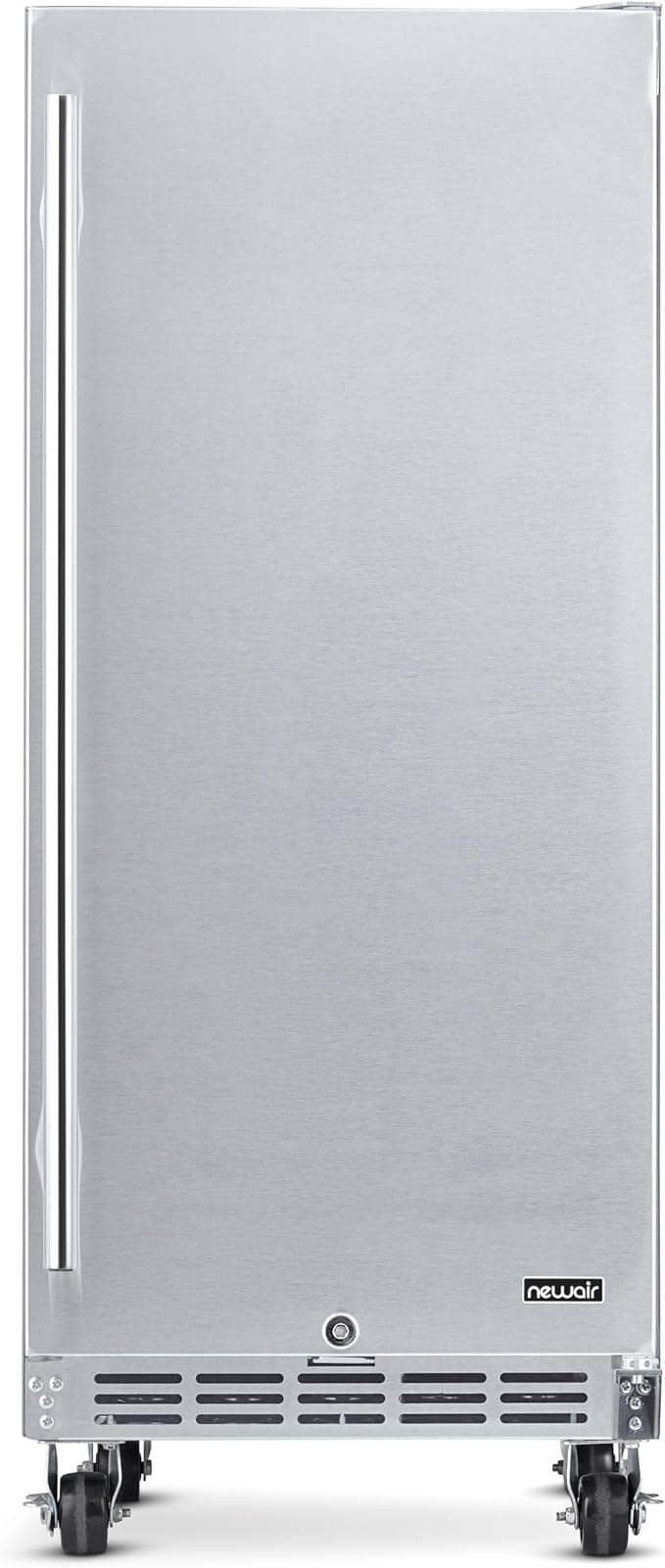 NewAir 15” Outdoor Beverage Fridge | Freestanding or Built-In Under counter Refrigerator for Outside Patio | Weatherproof Outdoor Fridge for 90 Cans with Detachable Castors | Stainless Steel
