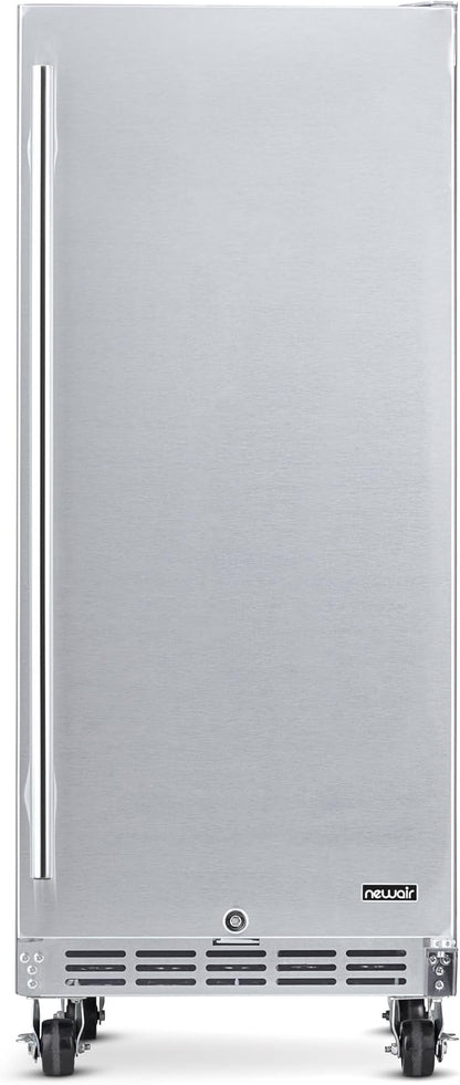 NewAir 15” Outdoor Beverage Fridge | Freestanding or Built-In Under counter Refrigerator for Outside Patio | Weatherproof Outdoor Fridge for 90 Cans with Detachable Castors | Stainless Steel