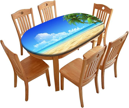 Summer Fitted Tablecloths Oval, Palms on Tropical Sand Beach Pattern Print Polyester Table Cloths, Elastic Table Cover for Outdoor/Indoor Summer Party Family Dinner Decor, Fits Tables up to 54" x 76"