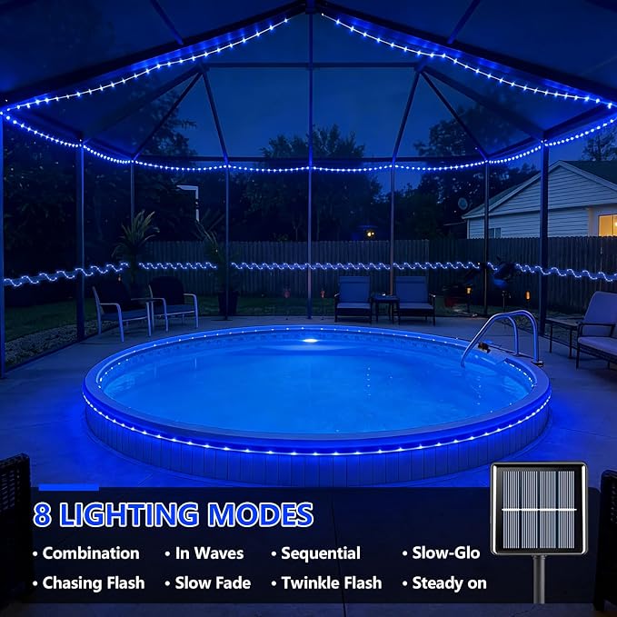 YEGUO Solar Rope Lights Outdoor Waterproof, 66ft 200 LED Blue String Lights, 8 Modes Fairy Lights in Clear Thin Tube