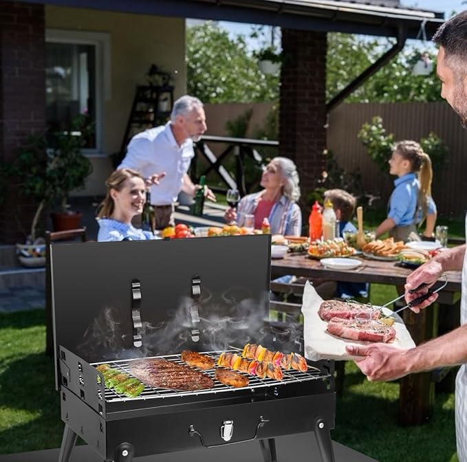 Portable Charcoal Grill - Foldable BBQ Suitcase with Shelf - Ideal for Camping Picnics and Garden Grilling