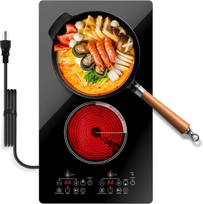 12 Inch 2 Burner Electric Cooktop, 2000W Double Ceramic Glass Stove Top with Touch Control or Slider Control & Infrared Heating, 9 Power Levels, Timer, Child Lock