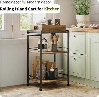 3-Tier Rolling Bar Cart with Removable Tray for Home Kitchen | Rolling Wheels with Handle, 3-Tier Storage, Removable Serving Tray, Sturdy Frame, Multi-Purpose for Kitchen & Bar Use