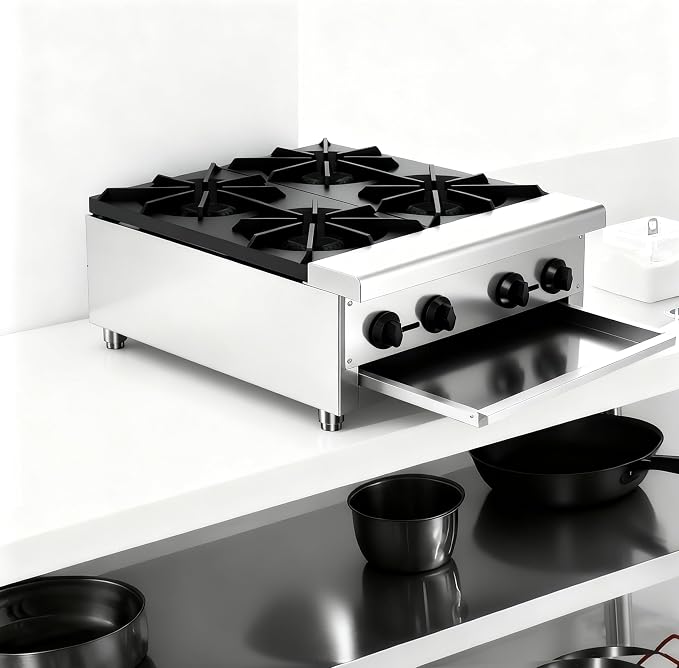 Commercial 4-Burner Stove, Natural Gas Propane-Ready Countertop Range, Stainless Steel Hot Plate, 112,000 BTU Restaurant Kitchen Cooktop, Independent Controls, Removable Drip Tray, Cast Iron Grates