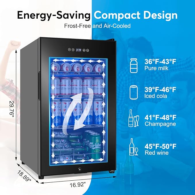 FoMup Beverage Refrigerator 17 inch Wide - 126 Can Beverage Cooler with Glass Door | Counter Top/Freestanding Mini Beverage Beer Fridge | Temperature Memory | Invisible Door | Perfect for Soda, Beer