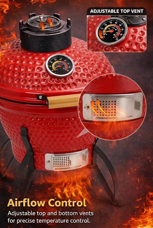 13-in W Kamado Grill with Built-in Thermometer, Oval Grill with Cast Iron Grates, Bamboo handle, Portable Ceramic Grills with Low Stand for Backyard, Patio, Deck grilling, Red