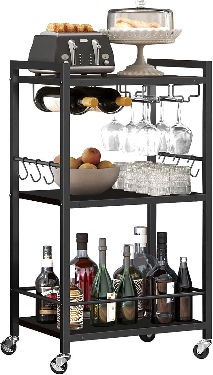 TUTOTAK Bar Cart with Wheels, Drink Cart with Wine Rack and Glass Holder | 3-Tier 17 Inch Wide Home Bar Serving Carts, Small Mobile Kitchen Shelf with 6 Hooks, Black BC01BK032