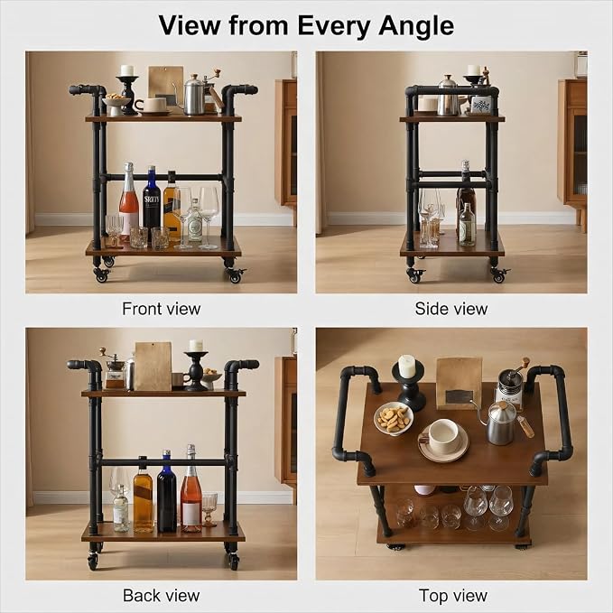 Industrial Pipe Bar Cart, Solid Wood Serving Cart, Rolling Kitchen Cart | Wine Rack Carts on Wheels with Shelves, Tea Liquor Shelves/Holder, Bar Furniture for Home Kitchen Office Living Room