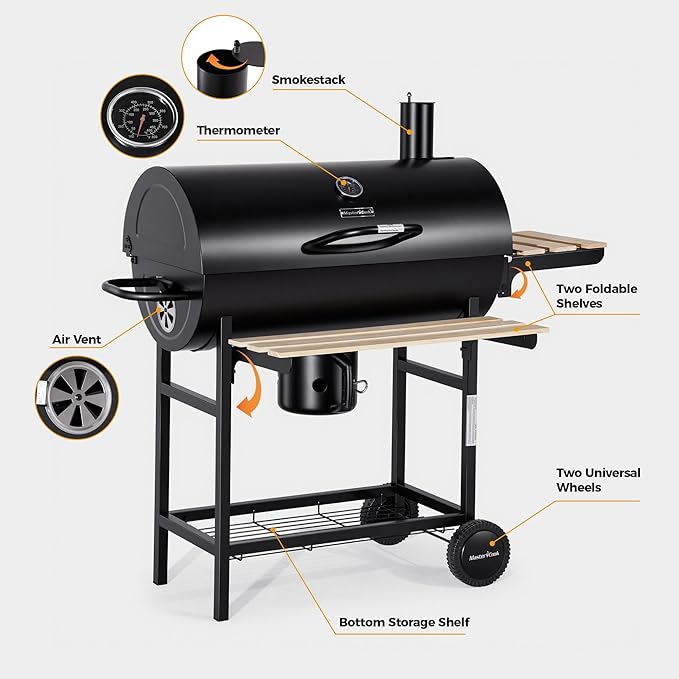 MASTER COOK Barrel Charcoal Grill with Foldable Front Wood Shelf, 686 Sq.in. Cooking Area Outdoor bbq Grill, Thermometer and Adjustable Air Vents for Backyard, Patio, Parties, Tailgating