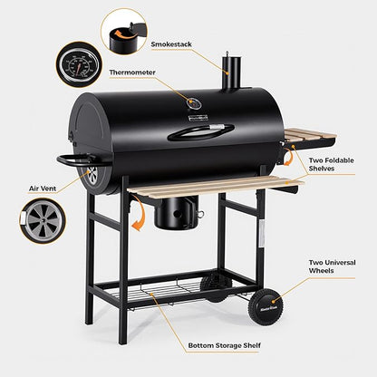 MASTER COOK Barrel Charcoal Grill with Foldable Front Wood Shelf, 686 Sq.in. Cooking Area Outdoor bbq Grill, Thermometer and Adjustable Air Vents for Backyard, Patio, Parties, Tailgating