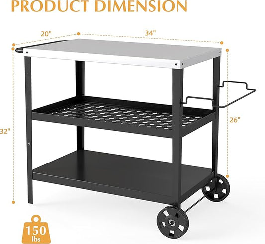 3-Tier Outdoor Grill Table Stainless Steel BBQ Prep Cart with Storage, Rolling Grill Stand for Pizza Oven, Outdoor Kitchen Prep Table with Wheels