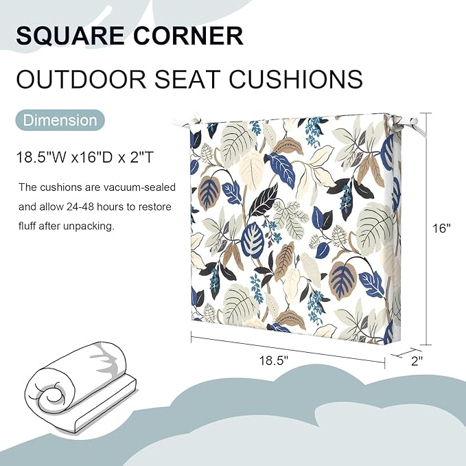 DYTXIII Set of 4 Outdoor Chair Cushions, Water Resistant 18.5"x16"x2" Square Seat Cushion for Patio Dining Chairs, High-Density Replacement Pads for Indoor Outdoor Furniture - Breeze Leaves Beige