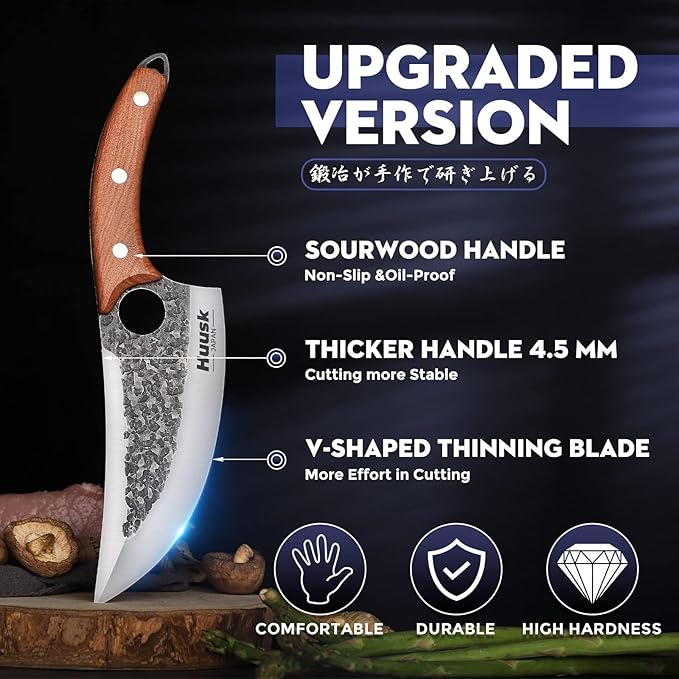 Huusk Knife Japan Kitchen Upgraded Viking Knives with Sheath, Hand Forged Butcher Knife for Meat Cutting, Japanese Cooking Chef Knives, Sharp Meat Cleaver for Outdoor Camping, BBQ, Gift for Men