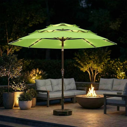 10ft 3-Tier Patio Umbrella with 32 Solar Powered LED Lights, Windproof Outdoor Market Umbrella for Deck, Poolside & Garden, Sturdy Push-Button Tilt Table Umbrella, Apple Green