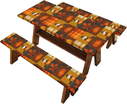 Elastic Fitted Table Cloth for Camping Party Fall Print Picnic Table Cover with Bench Covers 3 PCS for Outdoors