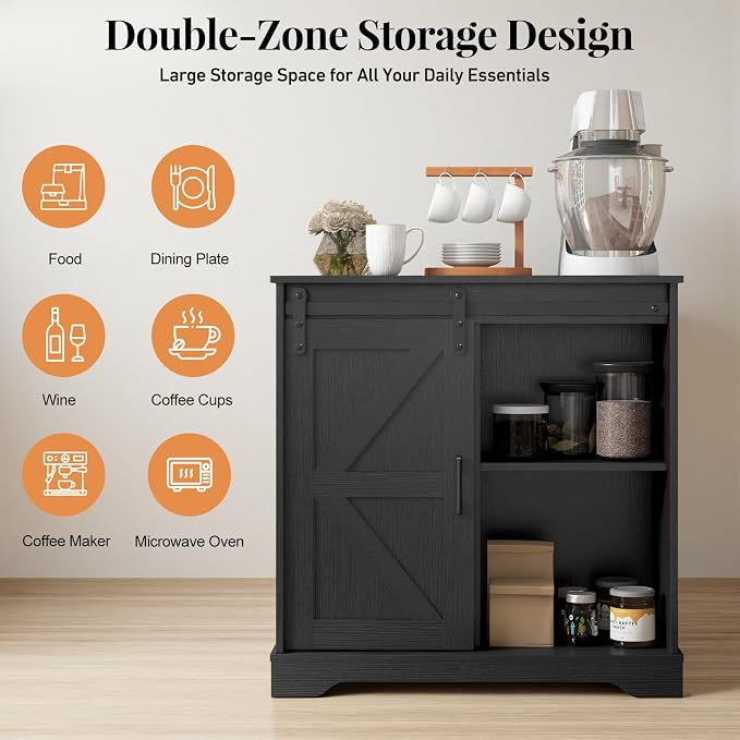 Panana Sliding Barn Door Buffet Sideboard Storage Cabinet Coffee Bar Kitchen Farmhouse Style (Black)