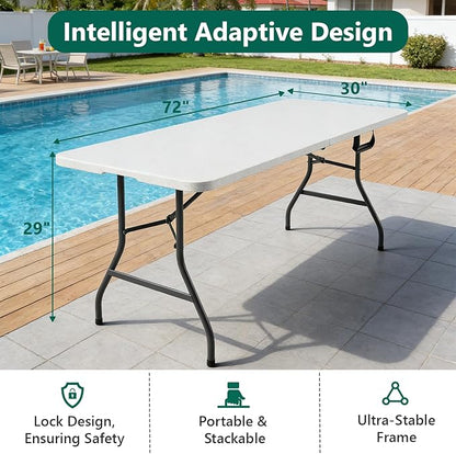 Folding Table 6FT Heavy Duty Plastic Table with Handle, Foldable&Portable, Fold-in-Half Utility Tables for Outdoor, Dining, Wedding, Events, Indoor, Picnic, Camping, Party, White