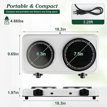 Electric Countertop Double Burner, 1800W Cooktop with Glass Hot Plate, Stepless Temperature Control, Easy to Clean, Indicator Lights, Compatible Cooking Stove for Office Home Camping RV