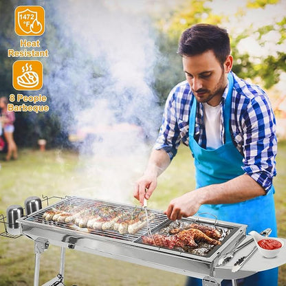 Foldable Barbecue Charcoal Grill Stainless Steel BBQ Grill Outdoor Portable BBQ Tool Kits with Non-Stick Frying Pan for Camping Picnic Backyard Cooking