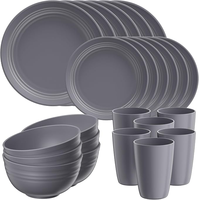 Quatish 32 Piece Plates and Bowls Sets for 8, Unbreakable Dinnerware Sets, Plastic Dish Set for Camping, Dishwasher Microwave Safe, Outdoor Kitchen and Apartment Dorm Dinning RV Essentials, Grey