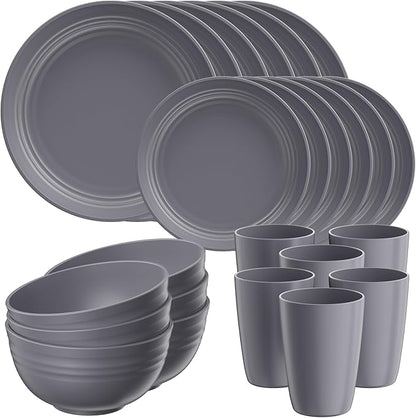 Quatish 24 Piece Plates and Bowls Sets for 6, Unbreakable Dinnerware Sets, Plastic Dish Set for Camping, Dishwasher Microwave Safe, Outdoor Kitchen and Apartment Dorm Dinning RV Essentials, Grey