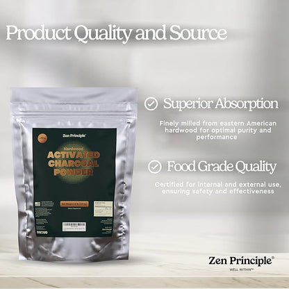 Zen Principle Hardwood Activated Charcoal Powder 100 Percent from USA Trees. All Natural. Whitens Teeth, Rejuvenates Skin and Hair, Supports Better Digestion, 40 Oz