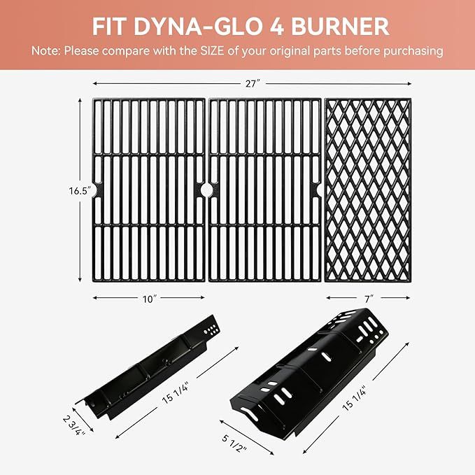 for Dyna-Glo DGH450CRP Grill Grates & Heat Plates Replacement Kit, Fits DGH450CRP DGH451CRP 4 Burner Grill, Cast Iron Cooking Grates + Porcelain Steel Heat Tents (70-01-911, 70-02-411, 70-02-412)