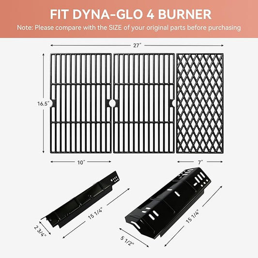 for Dyna-Glo DGH450CRP Grill Grates & Heat Plates Replacement Kit, Fits DGH450CRP DGH451CRP 4 Burner Grill, Cast Iron Cooking Grates + Porcelain Steel Heat Tents (70-01-911, 70-02-411, 70-02-412)