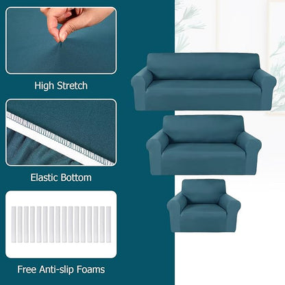 Peryiter 3 Pcs Couch and Loveseat Sofa Covers,Peacock Blue,Milk Silk | Armchair Covers for Living Room, Sofa Cushion Slipcover, Furniture Protector, Polyester and Spandex, Washable