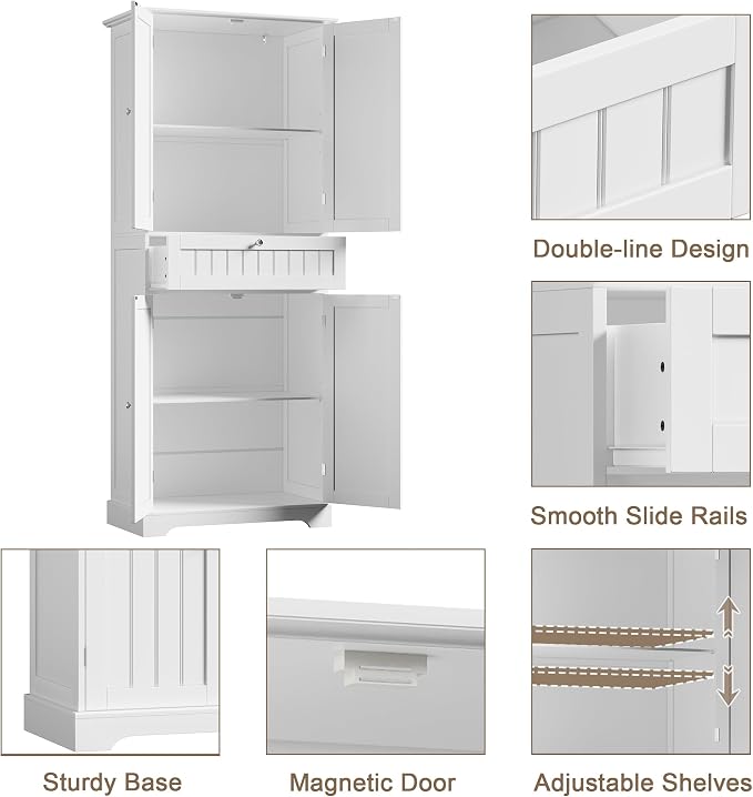 ChooChoo 72" H Bathroom Floor Cabinet with Drawers and Adjustable Shelves | Bathroom Storage Cabinet, Freestanding Kitchen Pantry Cupboard with 4 Doors for Living Room, White