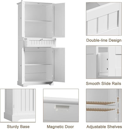 ChooChoo 72" H Bathroom Floor Cabinet with Drawers and Adjustable Shelves | Bathroom Storage Cabinet, Freestanding Kitchen Pantry Cupboard with 4 Doors for Living Room, White